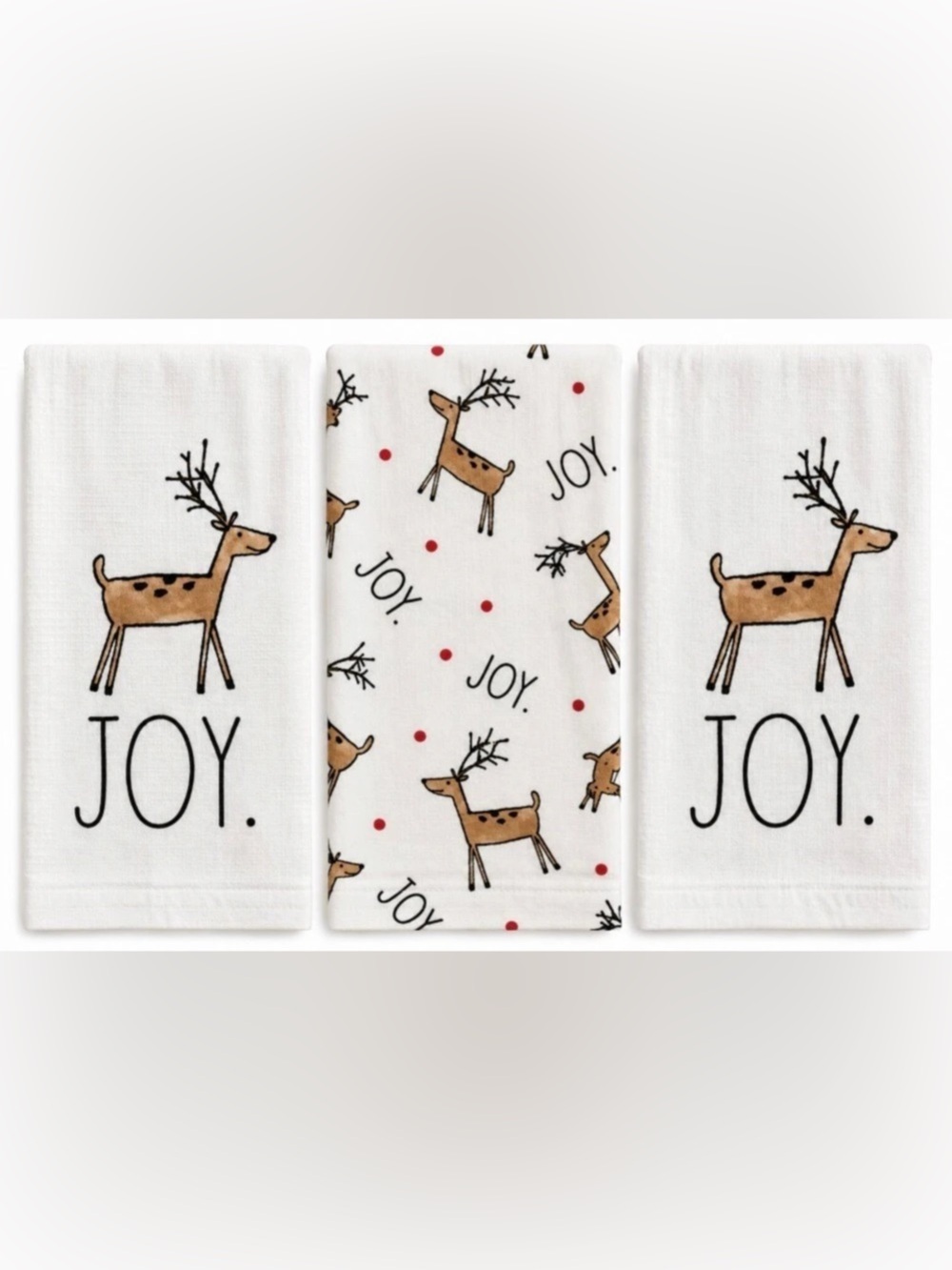 Rae Dunn JOY Reindeer Christmas Kitchen Towels Set of 3 NWT